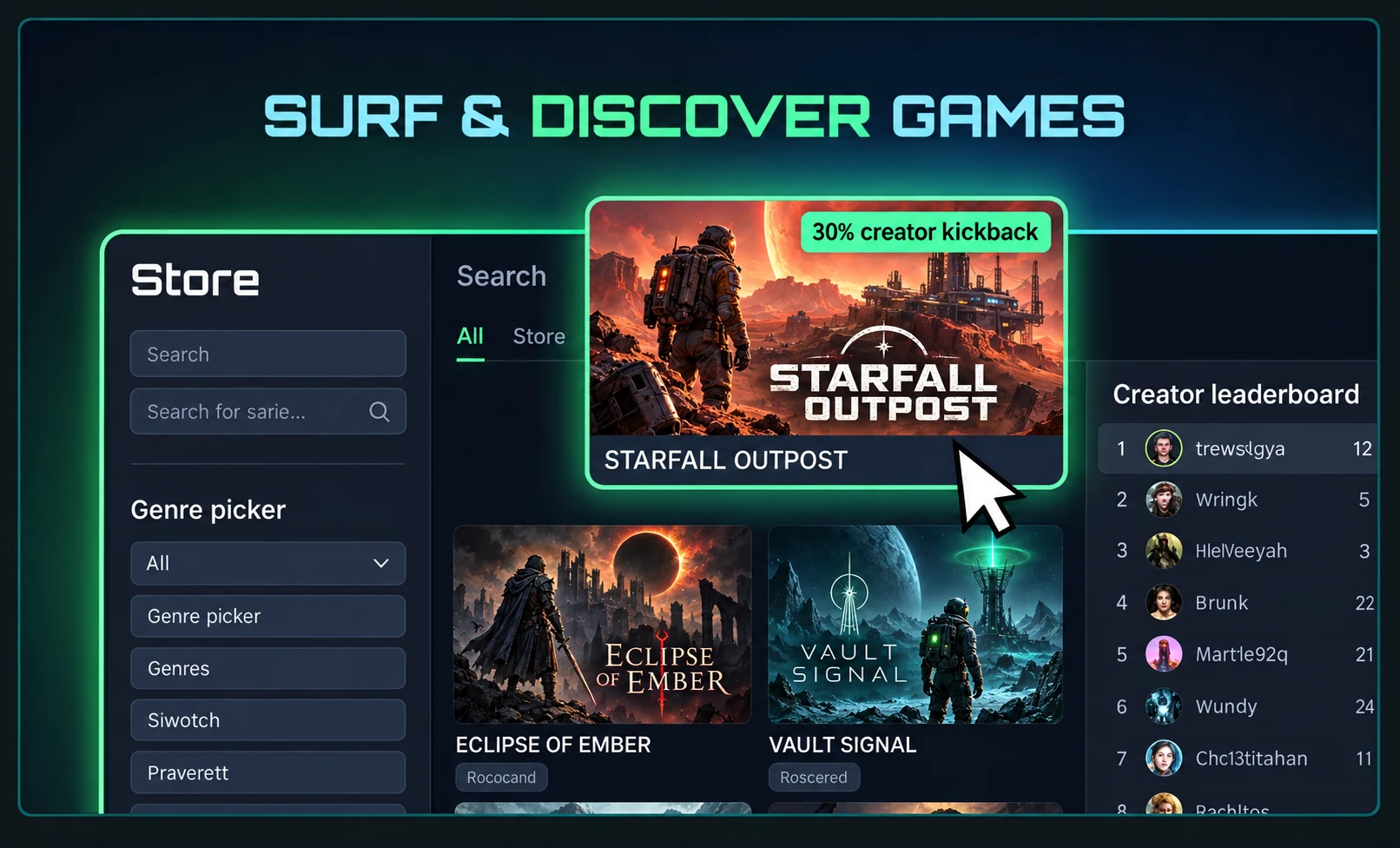 Illustrated REVLauncher store showing game discovery, genre browsing, and a game card with an example creator revenue rate.